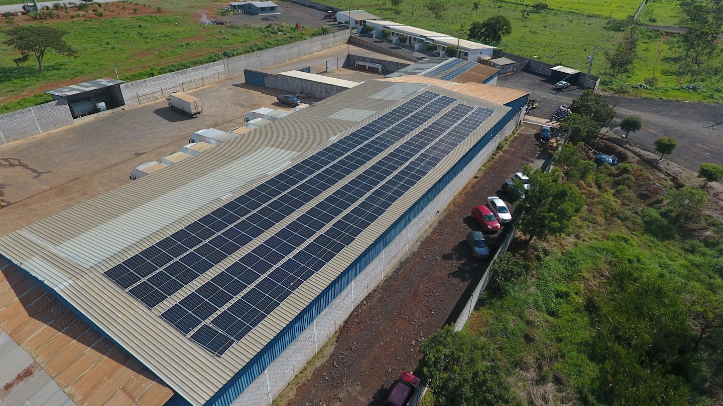 Solar panels cover the roof of an industrial building in fields.